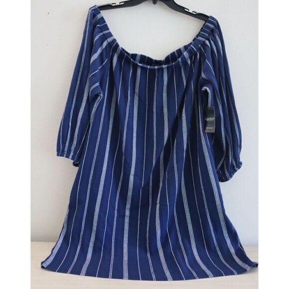 Lauren Ralph Lauren Women Sz XL Blue Stripe Off-the-Shoulder Cover-Up Dress - Picture 1 of 10